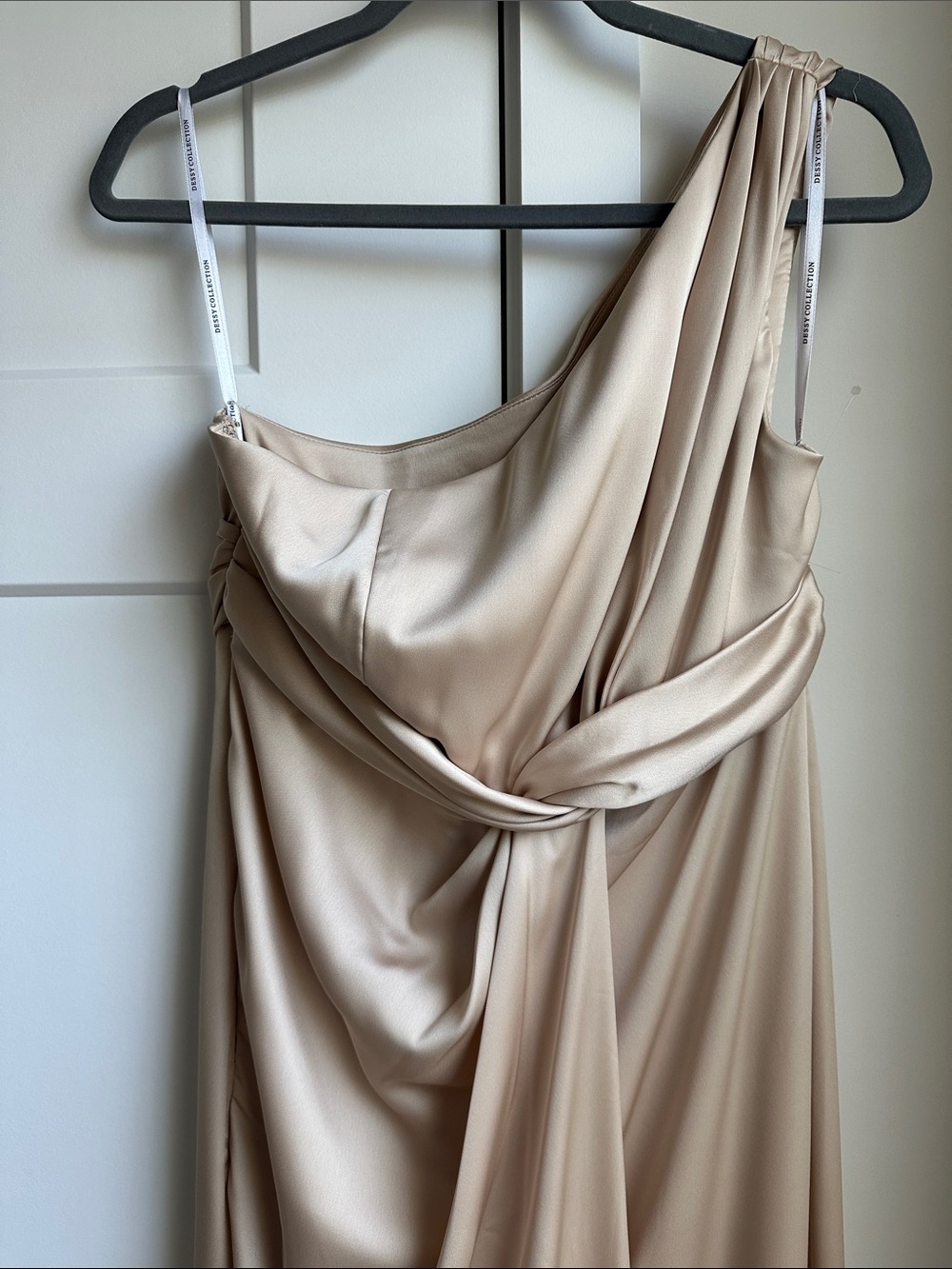 Dessy Collection One-Shoulder Satin Gown in Champagne Beige - Picture 2 of 7